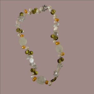 Necklace Natural Stone Peridot, Freshwater Pearl, Rock Crystal All Natural Beads